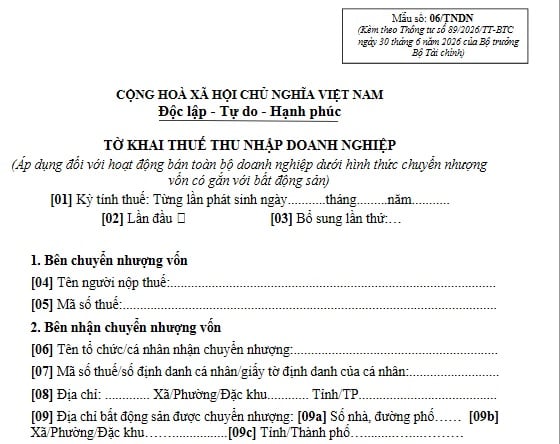 Mẫu 06/TNDN Tờ khai thuế thu nhập doanh nghiệp