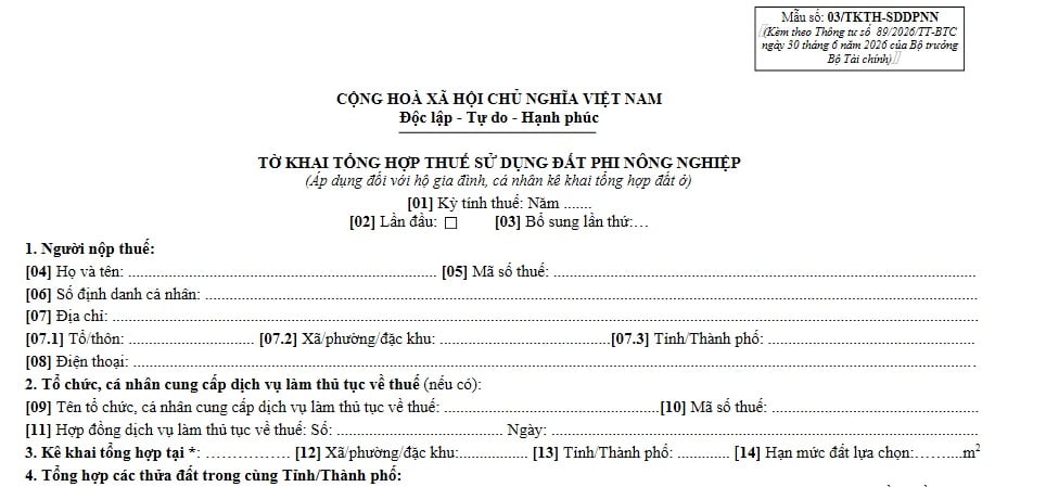  Mẫu 03/TKTH- SDDPNN Tờ khai tổng hợp thuế sử dụng đất phi nông nghiệp