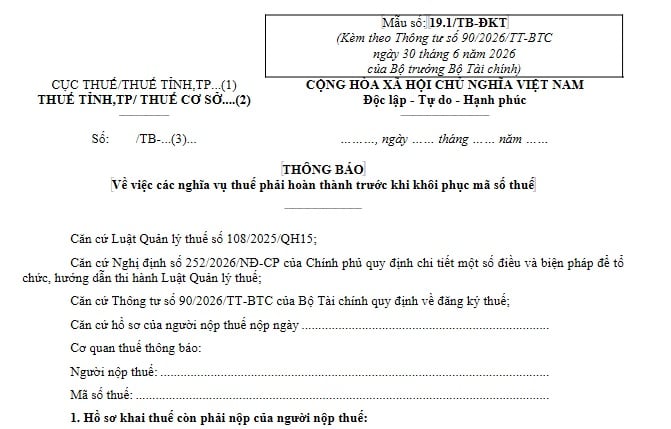 Mẫu số 19.1/TB-ĐKT Mẫu Thông báo về việc các nghĩa vụ thuế phải hoàn thành trước khi khôi phục mã số thuế