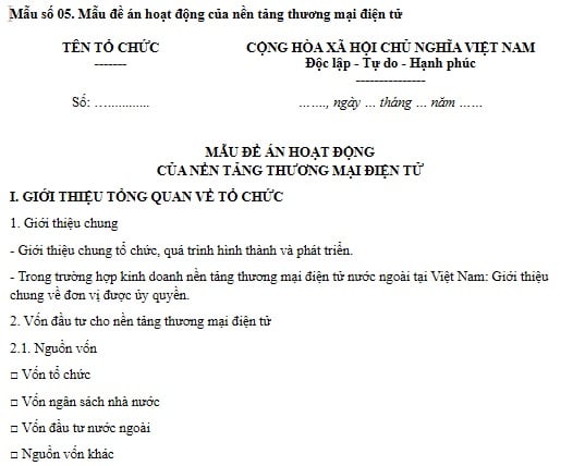 Mẫu đề án hoạt động của nền tảng thương mại điện tử