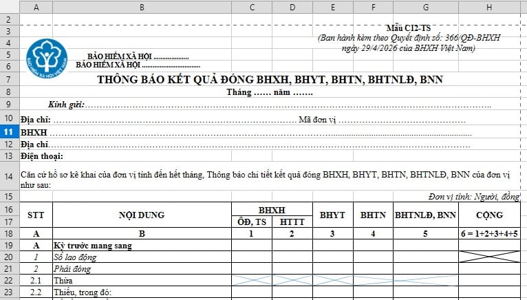 ile Excel Mẫu số C12-TS Thông báo kết quả đóng BHXH