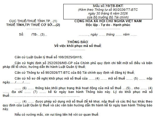 Mẫu số 19/TB-ĐKT Mẫu thông báo khôi phục mã số thuế