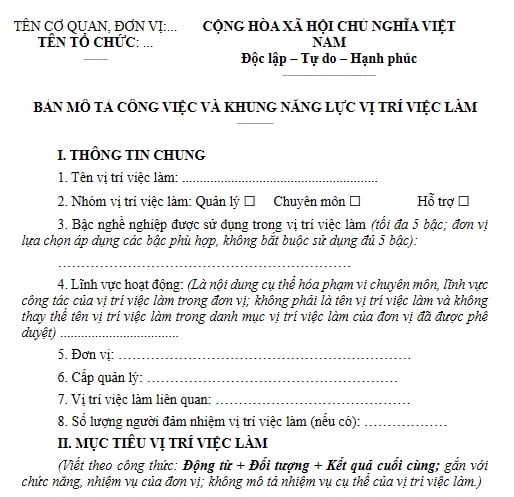 Mẫu bản mô tả công việc và khung năng lực của vị trí việc làm viên chức