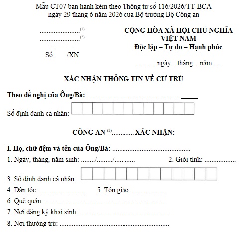 Mẫu CT07 xác nhận thông tin về cư trú 2026