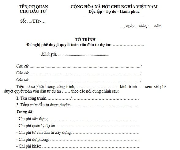 Mẫu Tờ trình đề nghị phê duyệt quyết toán vốn đầu tư dự án của chủ đầu tư