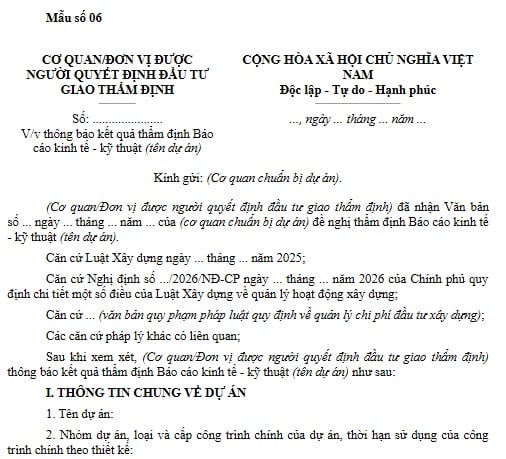 Mẫu Thông báo kết quả thẩm định Báo cáo kinh tế kỹ thuật