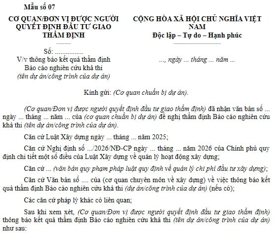 Mẫu Thông báo kết quả thẩm định Báo cáo nghiên cứu khả thi của cơ quan/đơn vị được người quyết định đầu tư giao thẩm định
