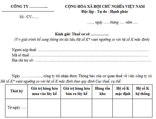 Mẫu Công văn giải trình chênh lệch hệ số K 2026