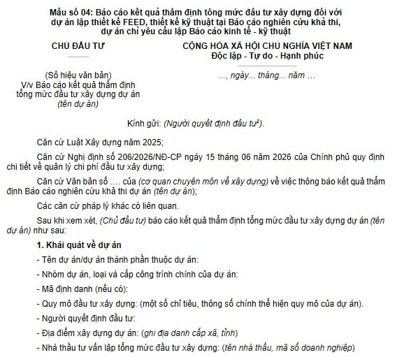 Mẫu Báo cáo kết quả thẩm định tổng mức đầu tư xây dựng