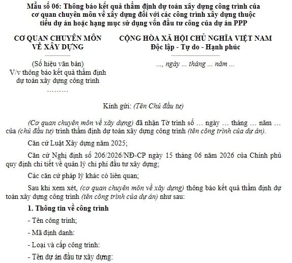 Mẫu Thông báo kết quả thẩm định dự toán xây dựng công trình