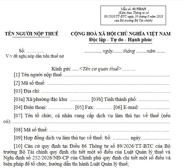 Mẫu 01 NDAN Văn bản đề nghị nộp dần tiền thuế nợ