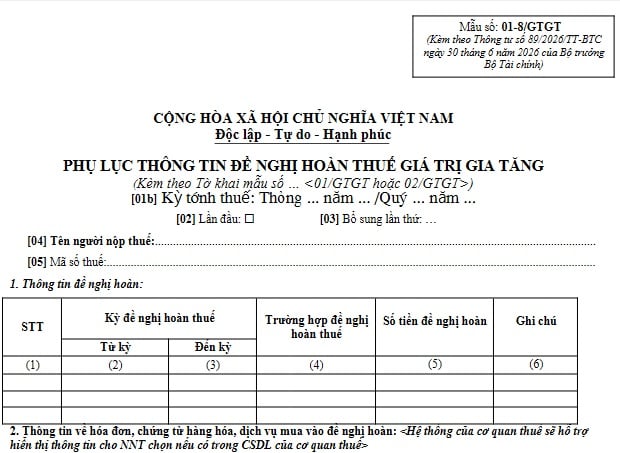Phụ lục đề nghị hoàn thuế giá trị gia tăng Mẫu số 01-8/GTGT