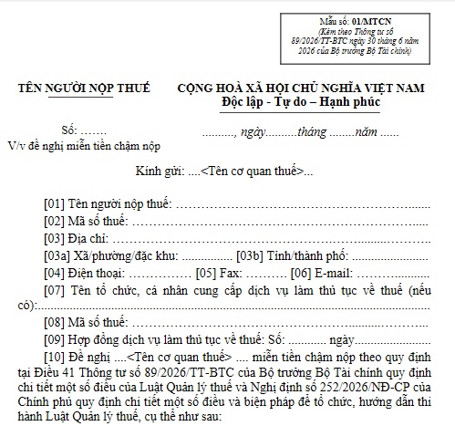 Mẫu số 01/MTCN Văn bản đề nghị miễn tiền chậm nộp của người nộp thuế