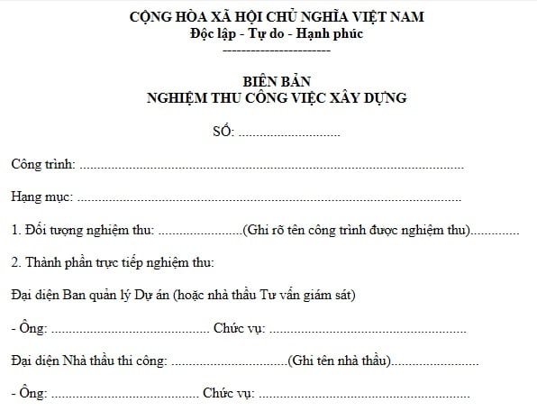 Mẫu Biên bản nghiệm thu công việc xây dựng
