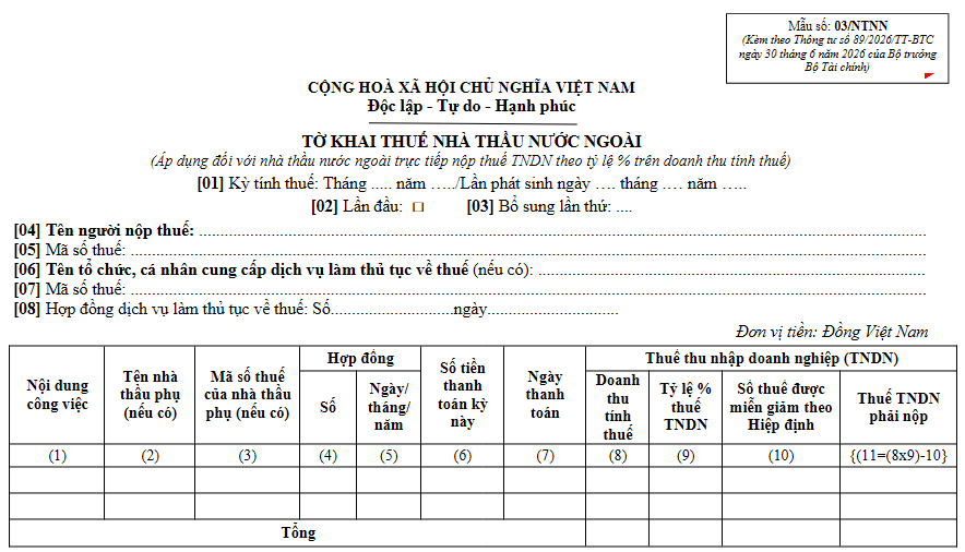Mẫu 03/NTNN Tờ khai thuế nhà thầu nước ngoài