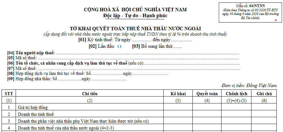 Mẫu 04/TNNN Mẫu tờ khai quyết toán thuế nhà thầu nước ngoài