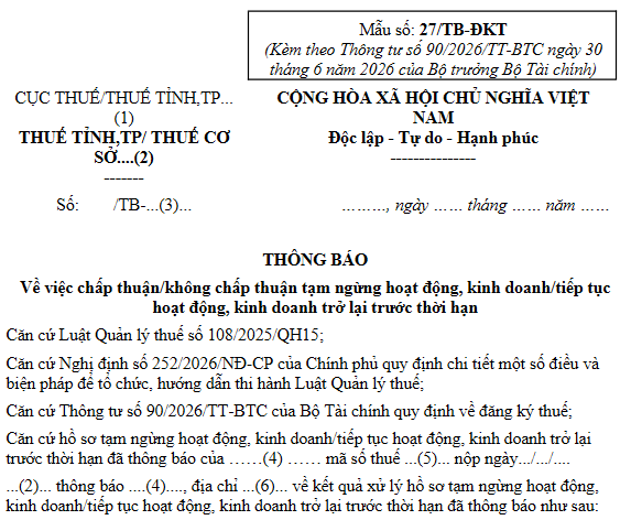 Mẫu số 27/TB-ĐKT theo Thông tư 90/2026/TT-BTC