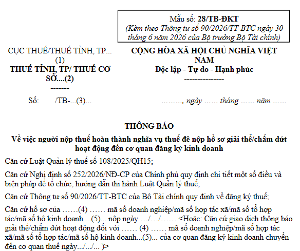 Mẫu 28 TB ĐKT Thông tư 90 2026 TT BTC