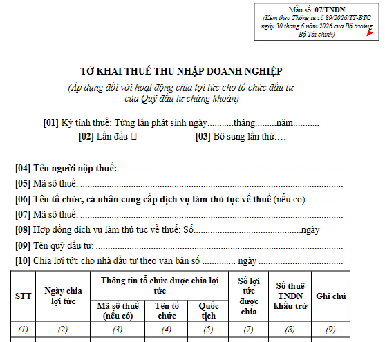 Mẫu 07 TNDN Thông tư 89 2026 TT BTC
