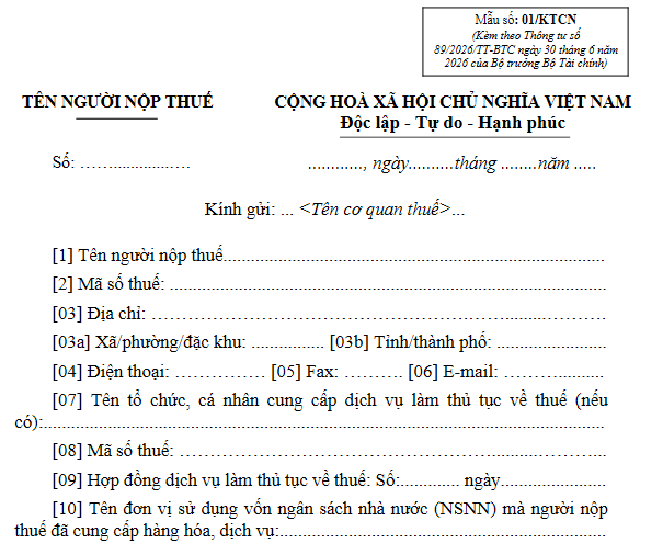 Mẫu 01/KTCN Thông tư 89/2026/TT-BTC