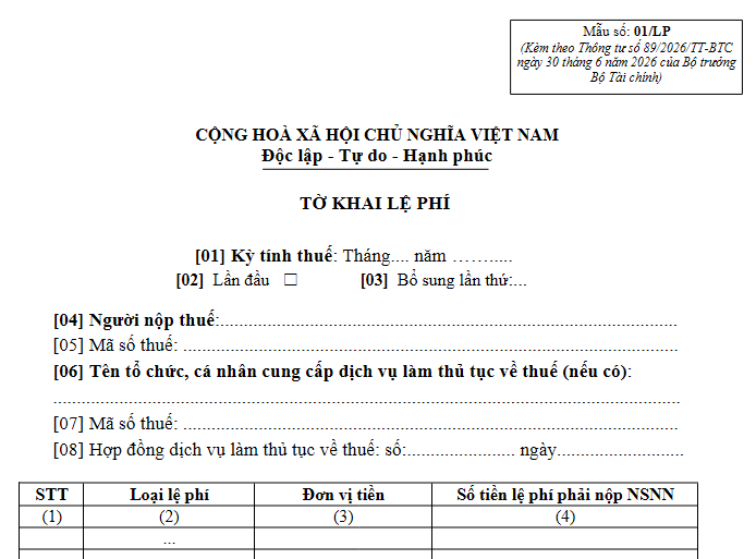 Mẫu số 01 LP Mẫu Tờ khai lệ phí 