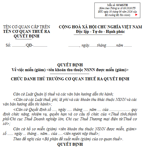 Mẫu 03 MGTH Thông tư 89 2026 TT BTC
