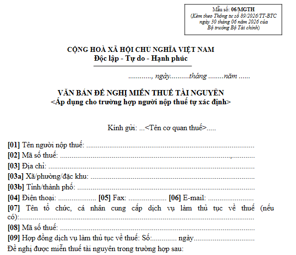 Mẫu 06/MGTH Mẫu văn bản đề nghị miễn thuế tài nguyên