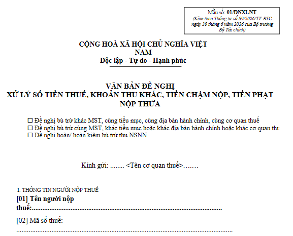 Mẫu 01/ĐNXLNT Thông tư 89 2026 TT BTC