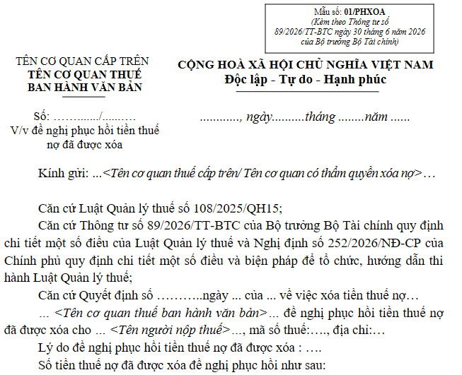 Mẫu 01/PHXOA Văn bản đề nghị phục hồi tiền thuế nợ đã được xóa