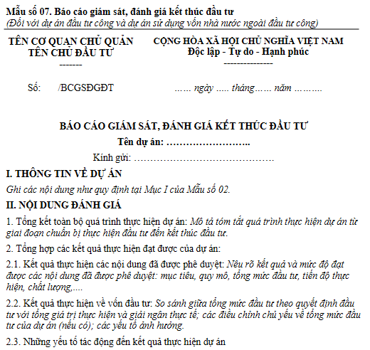 Mẫu số 07 Báo cáo giám sát đánh giá kết thúc đầu tư 2026