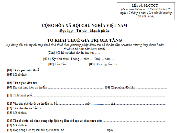 Mẫu 02/GTGT Tờ khai thuế giá trị gia tăng