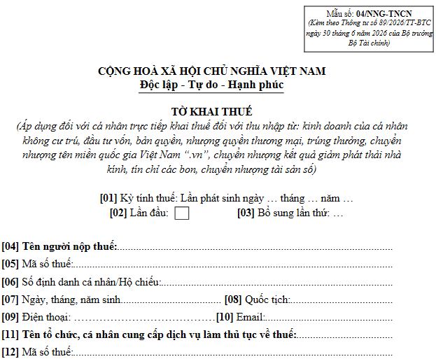 Mẫu 04/NNG-TNCN Tờ khai thuế thu nhập cá nhân
