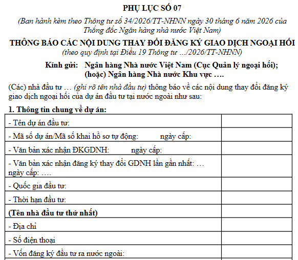 Mẫu Thông báo các nội dung thay đổi đăng ký giao dịch ngoại hối