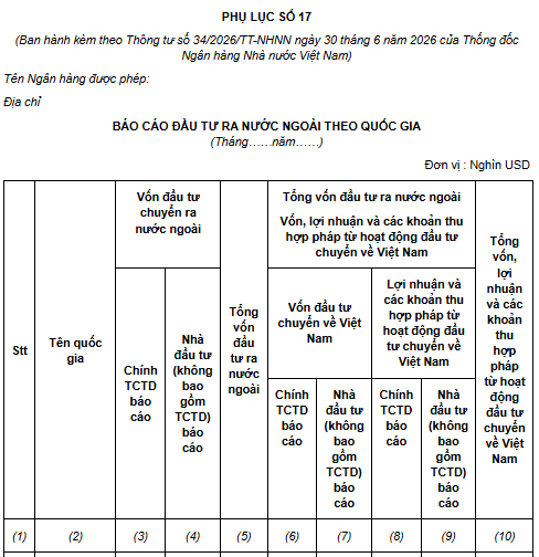 Mẫu Báo cáo đầu tư ra nước ngoài theo quốc gia 2026