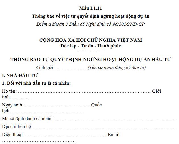 Mẫu I.1.11 Mẫu Thông báo về việc tự quyết định ngừng hoạt động dự án đầu tư
