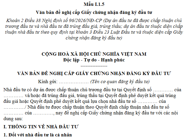 Mẫu I.1.5 Mẫu Văn bản đề nghị cấp Giấy chứng nhận đăng ký đầu tư 2026