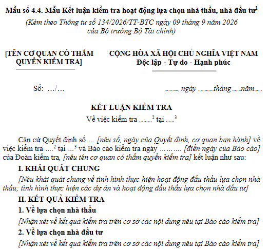 Mẫu số 4.4 Mẫu Kết luận kiểm tra hoạt động lựa chọn nhà thầu, nhà đầu tư