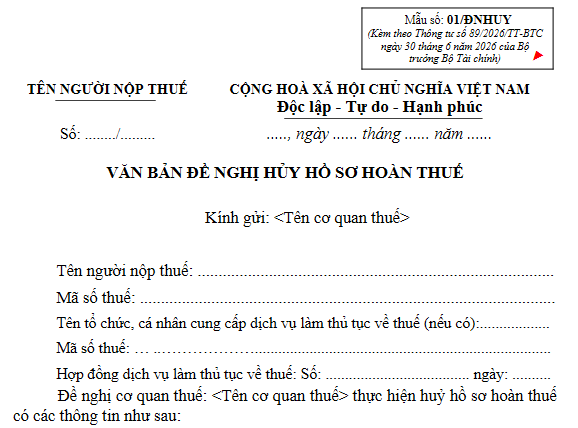 Mẫu Văn bản đề nghị hủy hồ sơ đề nghị hoàn thuế
