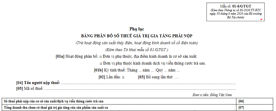 Phụ lục 01-6/GTGT theo Thông tư 89/2026/TT-BTC