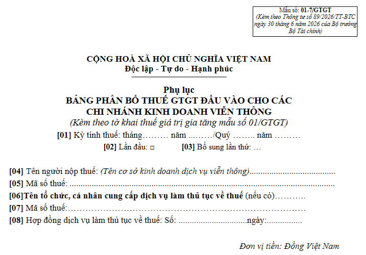 Phụ lục 01-7/GTGT theo Thông tư 89/2026/TT-BTC