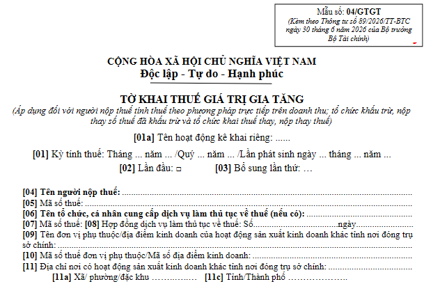 Tờ khai 04/GTGT theo Thông tư 89/2026/TT-BTC