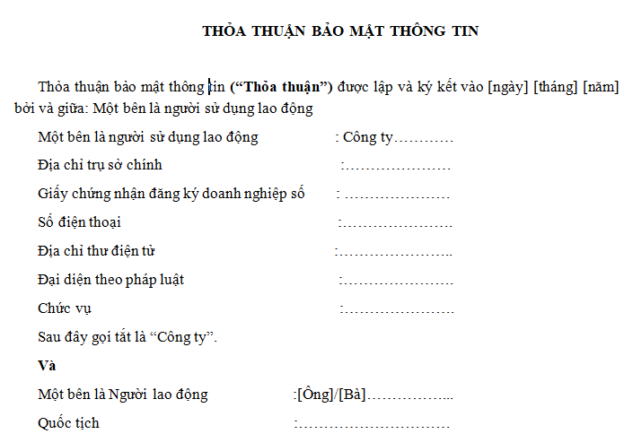 Mẫu thỏa thuận bảo mật thông tin của người sử dụng lao động với người lao động mới nhất? 