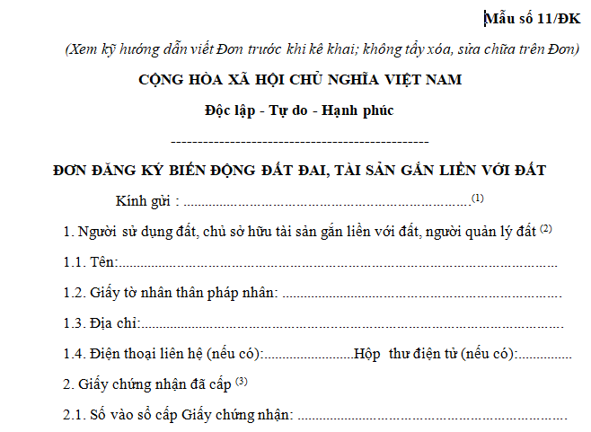 Mẫu đơn đăng ký biến động đất đai khi chuyển nhượng quyền sử dụng đất mới nhất?