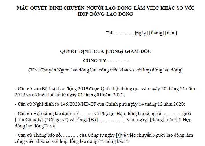 mẫu quyết định chuyển người lao động làm công việc khác so với hợp đồng lao động