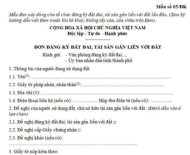 Mẫu đơn đăng ký đất đai, tài sản gắn liền với đất