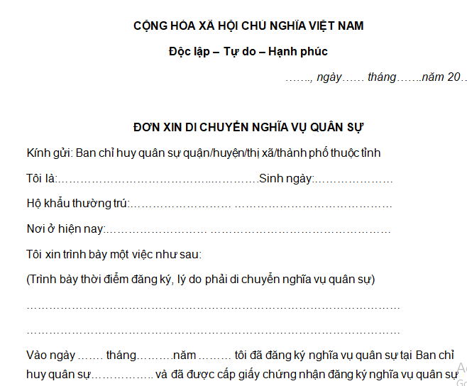 mẫu đơn xin chuyển nghĩa vụ quân sự