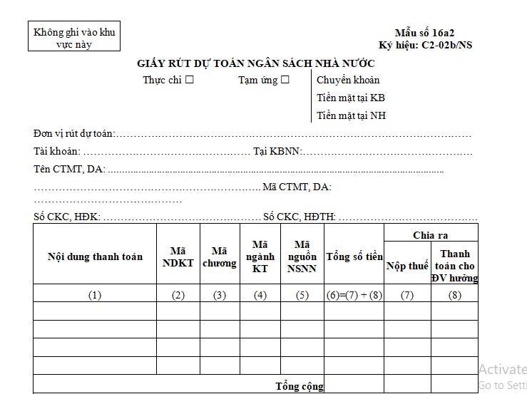 Mẫu giấy rút dự toán ngân sách nhà nước 