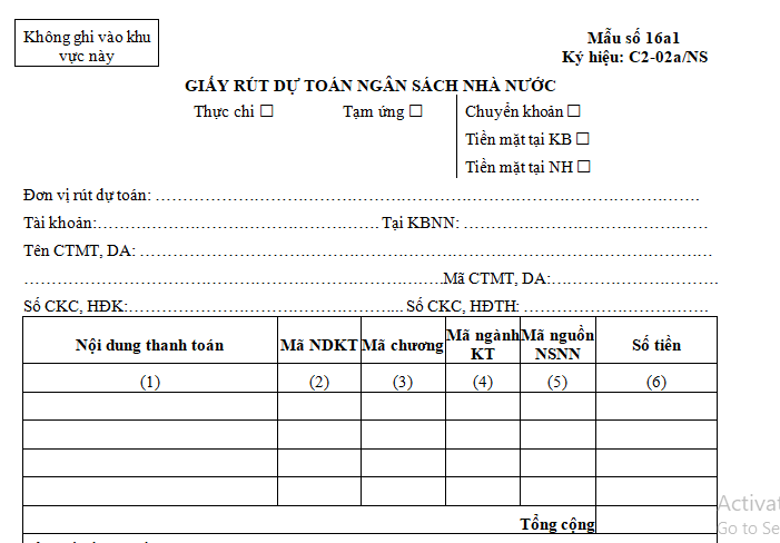 mẫu giấy rút dự toán ngân sách nhà nước