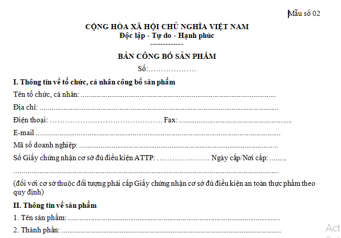 Mẫu bản công bố sản phẩm nhập khẩu là mẫu nào?