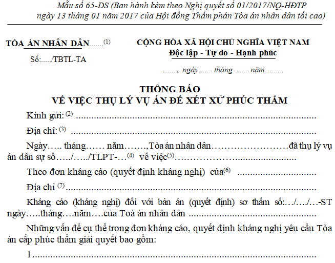 Mẫu thông báo về việc thụ lý vụ án dân sự để xét xử phúc thẩm